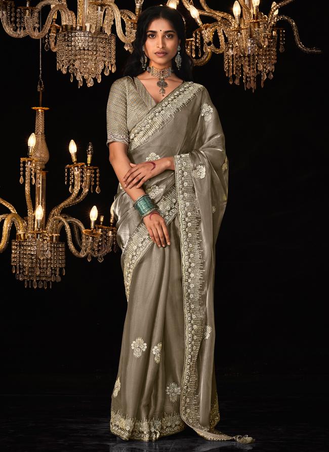 Glass Tissue Dusty Grey Wedding Wear Sequence Embroidery Work Saree